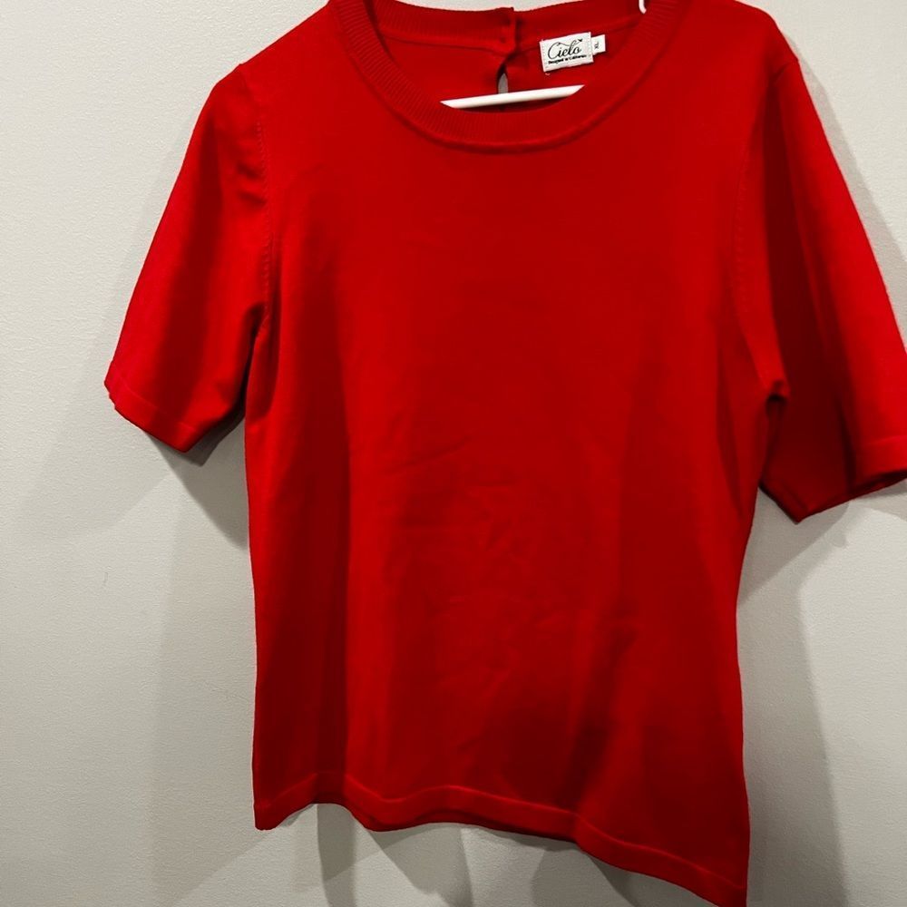 Red sweater short sleeve fits like a L